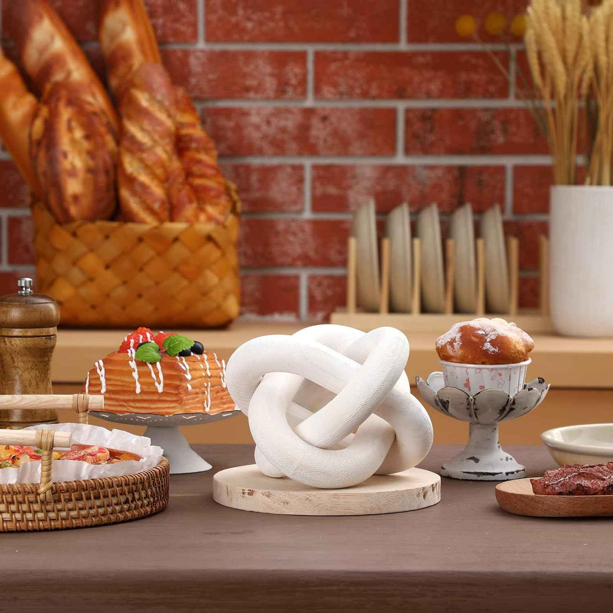 3 Link Wood Knot Decor - Hand Carved Coffee Table Decoration, Boho Chain Link Decor, Modern Shelf, Rustic Objects for Home Living Room Bedroom(White)