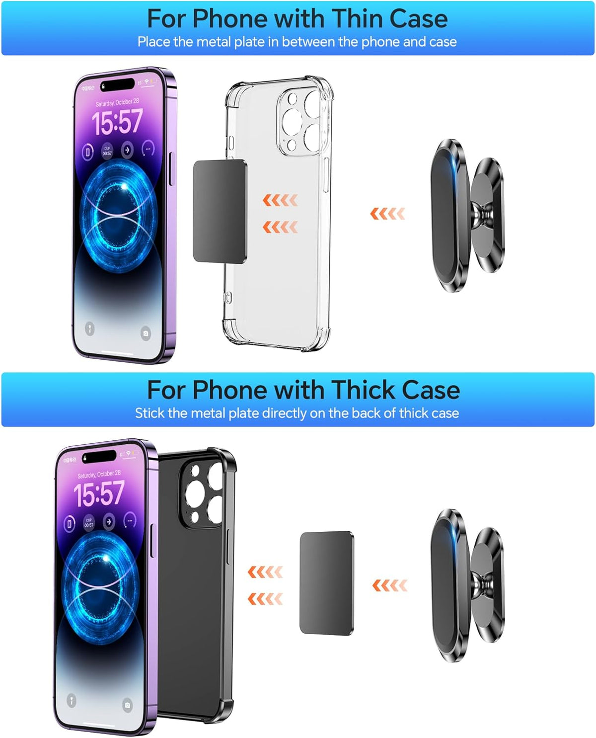 2-Pack Magnetic Phone Holder for Car Dash Strong Magnet Magnetic Car Phone Holder Mount 4 Plate Phone Holders for Your Car Phone Mount for Car Dashboard Cell Phone Car Mount for iPhone Samsung