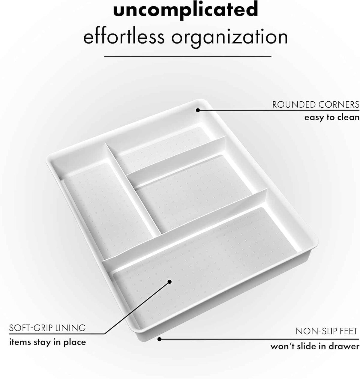 Madesmart Classic 4-Compartment Drawer Organizer Gadget Tray, Plastic Multipurpose Storage Bin for Drawers, White