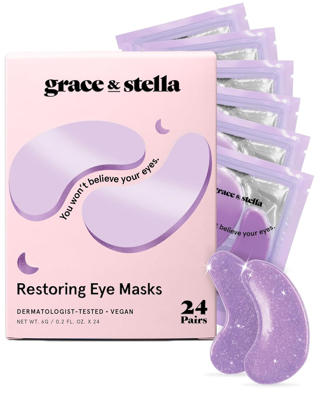 grace & stella Retinol Under Eye Patches for Puffy Eyes & Dark Circles - Restoring Gel Under Eye Masks with Hyaluronic Acid - Purple, 24 Pairs for Women