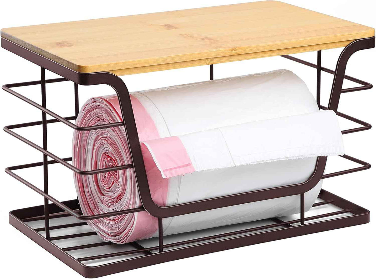 ALOCEO 2 Pack Storage Stackable Kitchen Laundry Organizers with Bamboo Top, Large Trash Bag Holder and Small Garbage Bag Dispenser for Countertop Organization