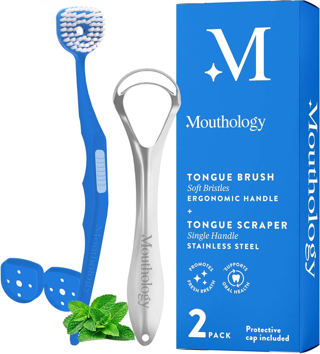 Mouthology 2-pack tongue scraper for adults, metal, stainless steel, tongue cleaner for hygiene