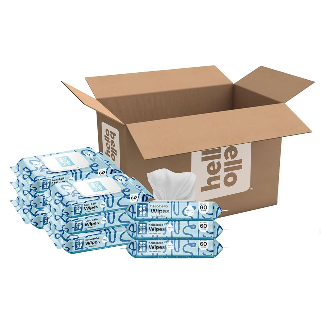 hello bello premium fragrance-free baby wipes with chamomile aloe extracts for sensitive skin, 12 resealable packs of 60ct each