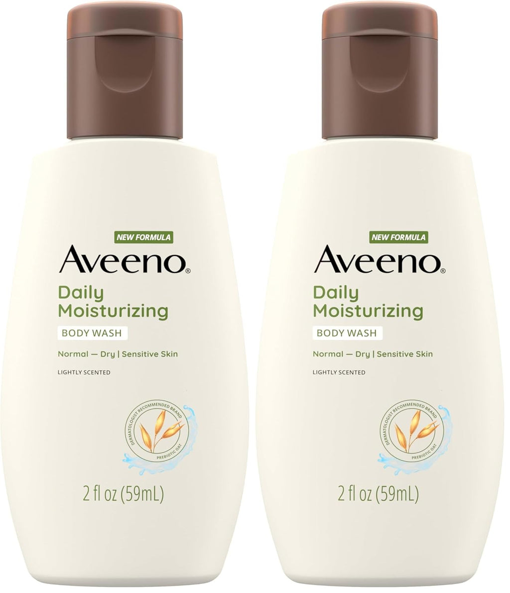 aveeno daily moisturizing body wash for sensitive skin + prebiotic oat, gentle on dry skin, 2 fl. oz travel size