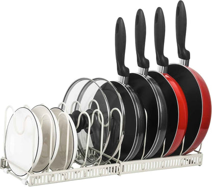 Pot Rack Organizer -Expandable Pot and Pan Organizer for Cabinet,Pot Lid Organizer Holder with 10 Adjustable Compartment for Kitchen Cabinet Cookware Baking Frying Rack,Bronze