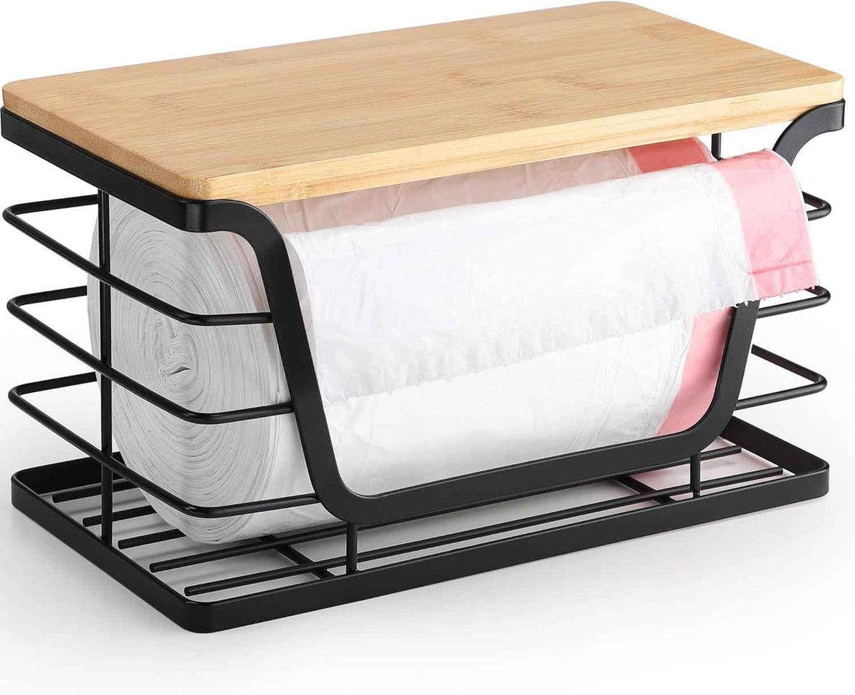 ALOCEO 2 Pack Storage Stackable Kitchen Laundry Organizers with Bamboo Top, Large Trash Bag Holder and Small Garbage Bag Dispenser for Countertop Organization