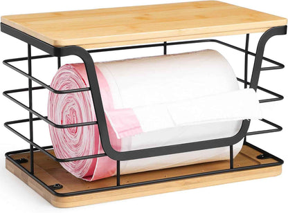 ALOCEO 2 Pack Storage Stackable Kitchen Laundry Organizers with Bamboo Top, Large Trash Bag Holder and Small Garbage Bag Dispenser for Countertop Organization