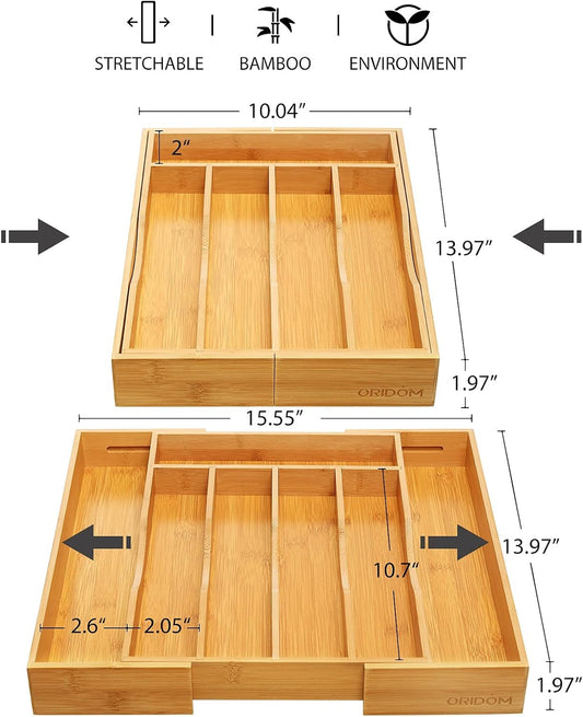Expandable Bamboo Kitchen Drawer Organizer for Cutlery and Utensils, Adjustable Bamboo Wood Cutlery Tray in Drawer for Flatware and Silverware in Kitchen, (Natural)
