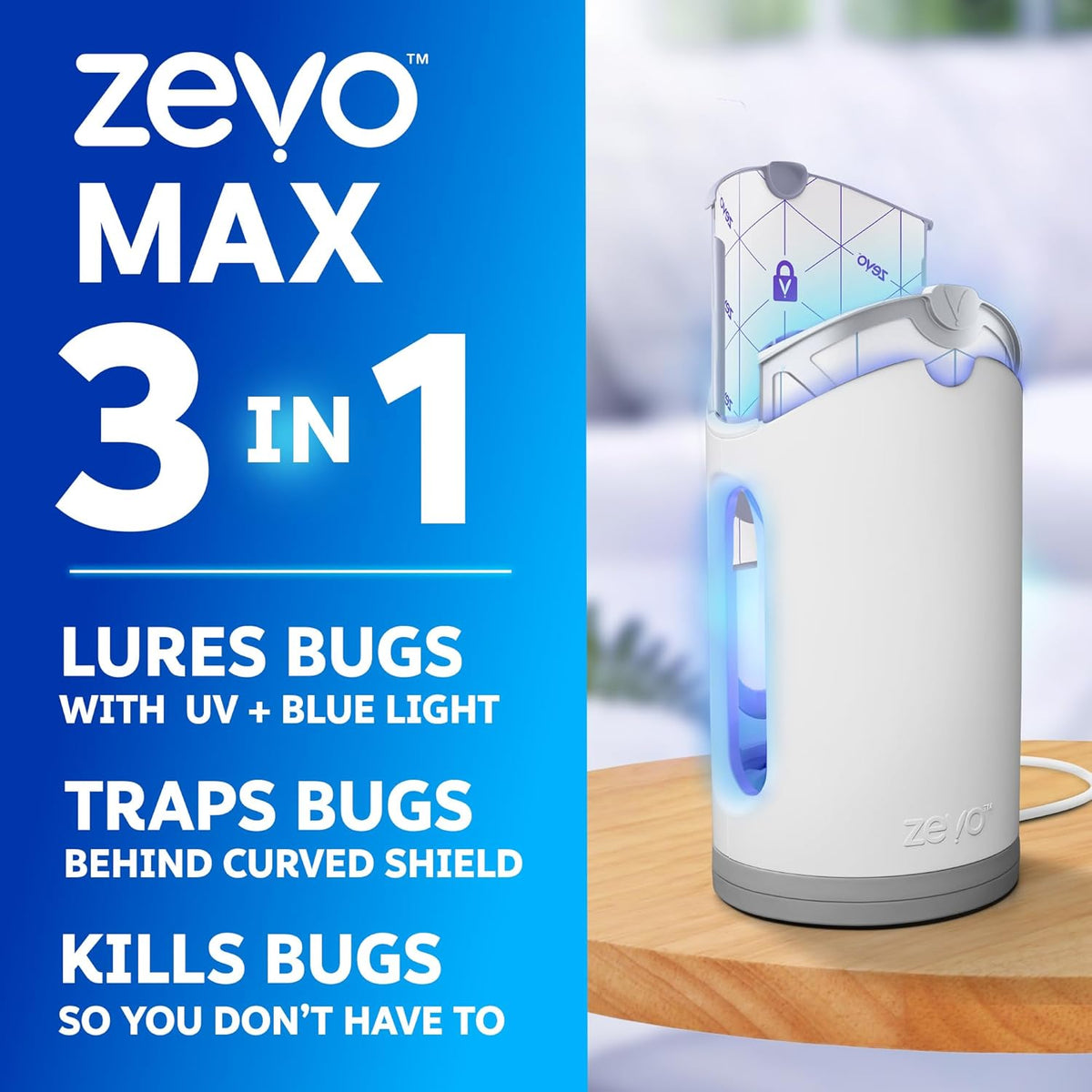Zevo MAX Bug Catcher & Fly Trap for Indoors - Flying Insect Trap for Gnats, House & Fruit Flies - Use in Any Room - No-Mess Disposal (1 Plug in Base & 2 Cartridges)