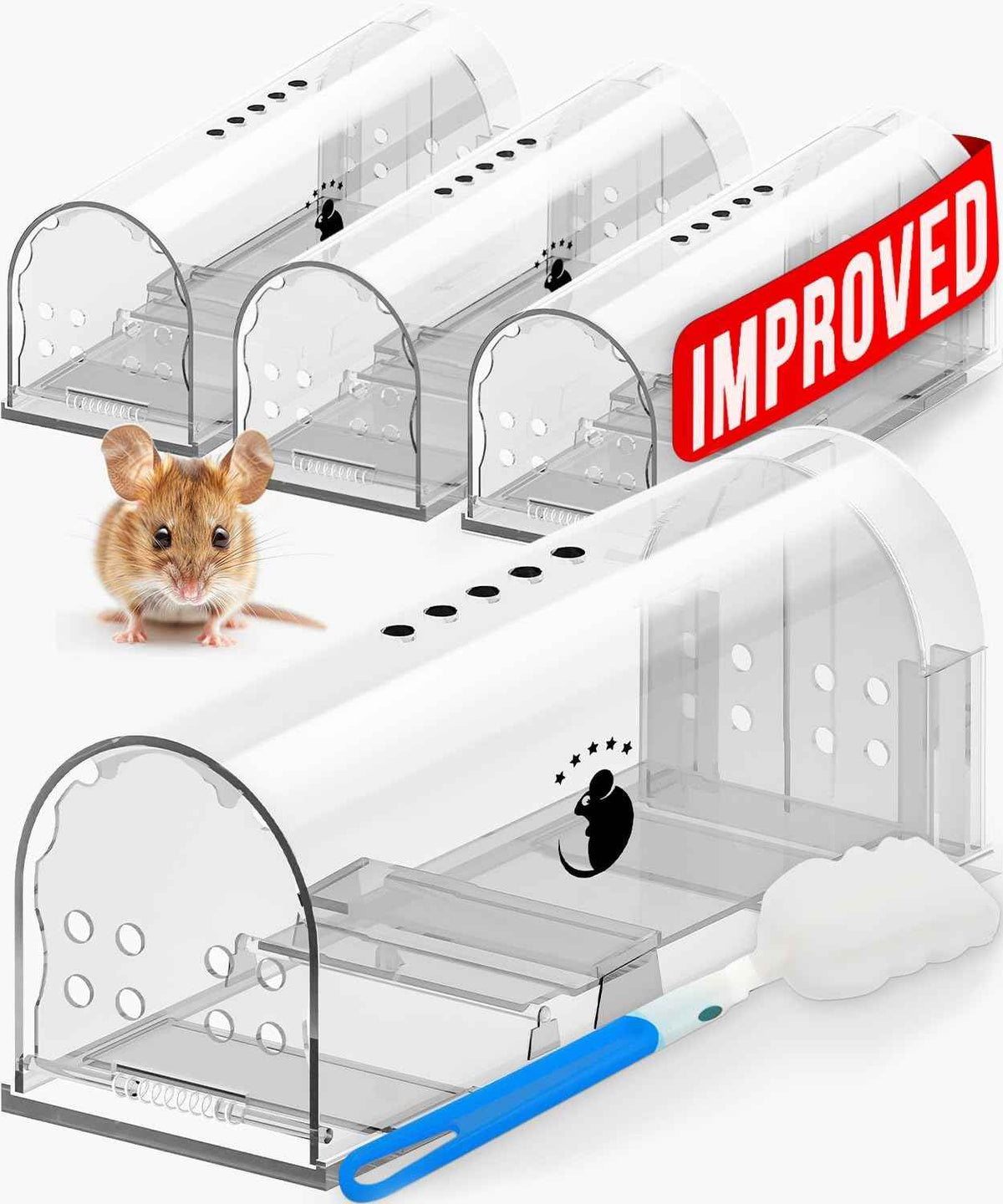 Motel Mouse Humane Mouse Traps No Kill Live Catch and Release 4 Pack - Reusable, Easy to Use & Clean, No Touch Release, Sensitive Includes Cleaning Brush, Instruction Manual & Video - Mousetrap Indoor