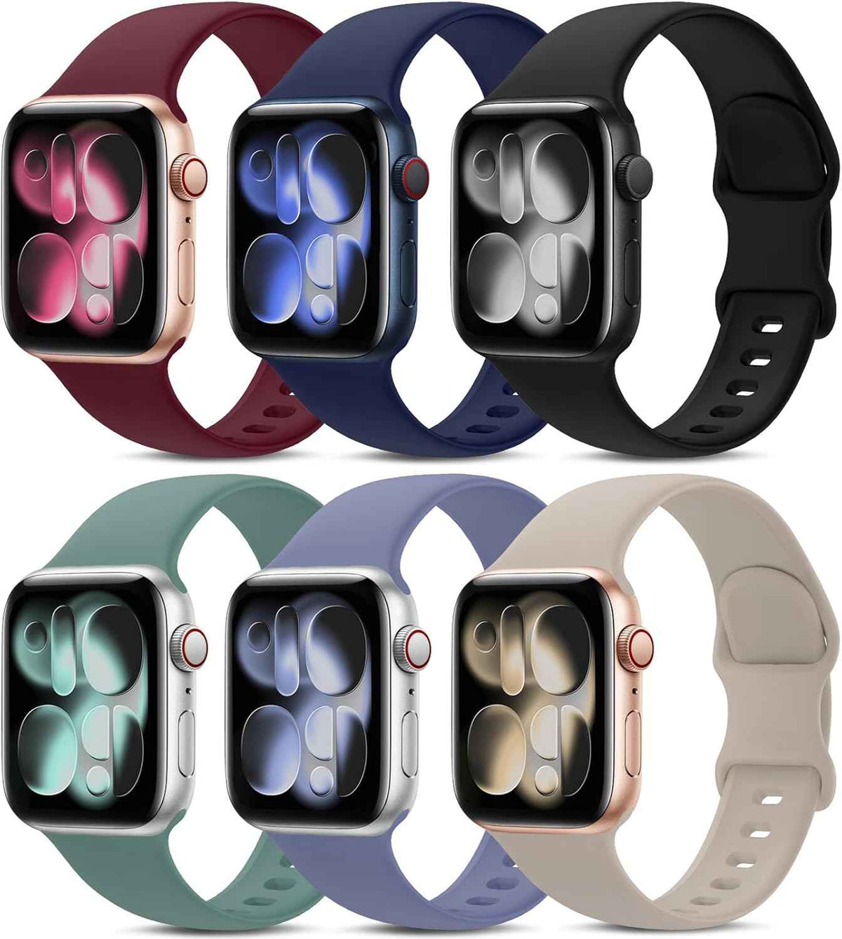 6 Pack Sport Bands Compatible with Apple Watch Band 38mm 40mm 41mm 42mm 44mm 45mm 49mm 46mm,Silicone Waterproof Strap for iWatch Apple Watch Series 11 10 9 Ultra 8 7 6 5 4 3 2 1 SE Women Men