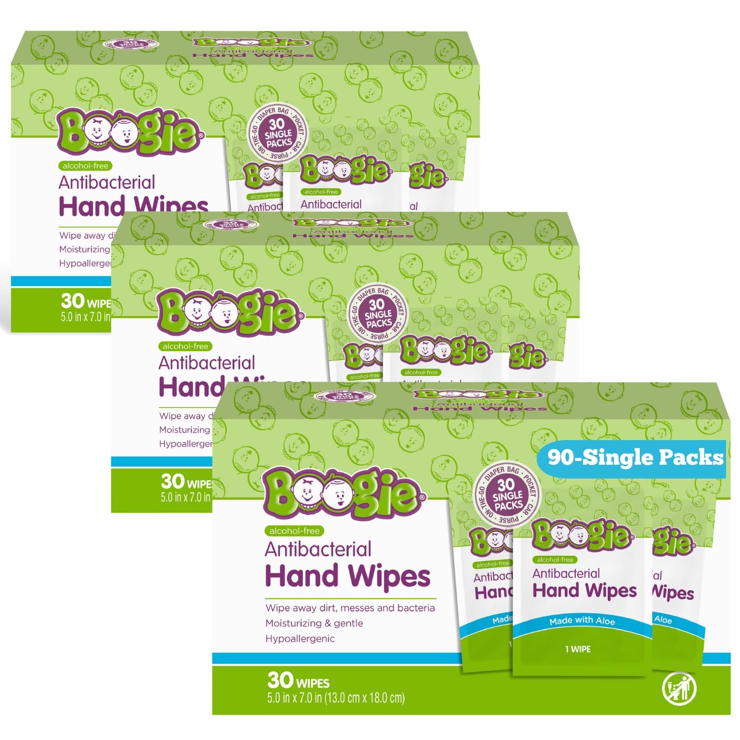 Boogie Antibacterial Hand Wipes, 100 Total Wipes, 5 Packs of 20, Alcohol Free, Hypoallergenic, Moisturizing Aloe for Kids and Adults