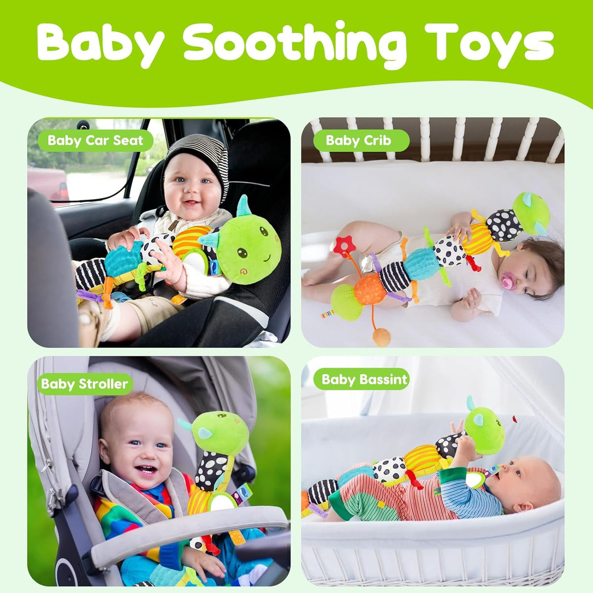 Baby Sensory Toy 0-6 Month Music Animal Stuffed Plush Caterpillar Toy for Infant 0-3-6-12 Month Old Tummy Time with Baby Mirror Crinkle Rattle Carseat Toys for Newborn Boys Girl Shower Gifts