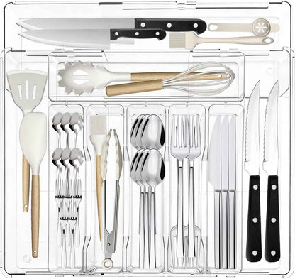 Expandable Silverware Organizer, Clear Utensil Drawer Tray with Adjustable Compartments for Spoons, Forks, Knives