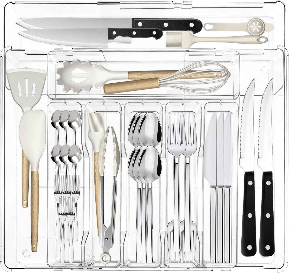 Silverware Organizer, Clear Utensil Drawer Tray with Adjustable Compartments for Spoons, Forks, Knives