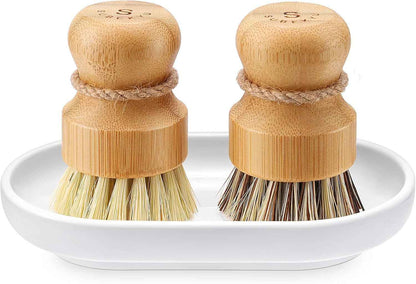 SUBEKYU Bamboo Dish Scrub Brush for Kitchen Sink, Natural Wooden Washing Dish Brush Scrubber with Sisal Bristles for Household Cleaning, Cast Iron Pots, Pans and Vegetables