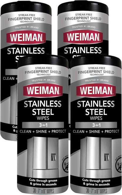 Weiman Stainless Steel Cleaner, 30 Count Cleaning Wipes, Removes Dirt, Grime, and Grease, No Streaks or Residue, Stainless Steel Polish for a Sparkling Clean and Shiny Surface, Cleaning Supplies