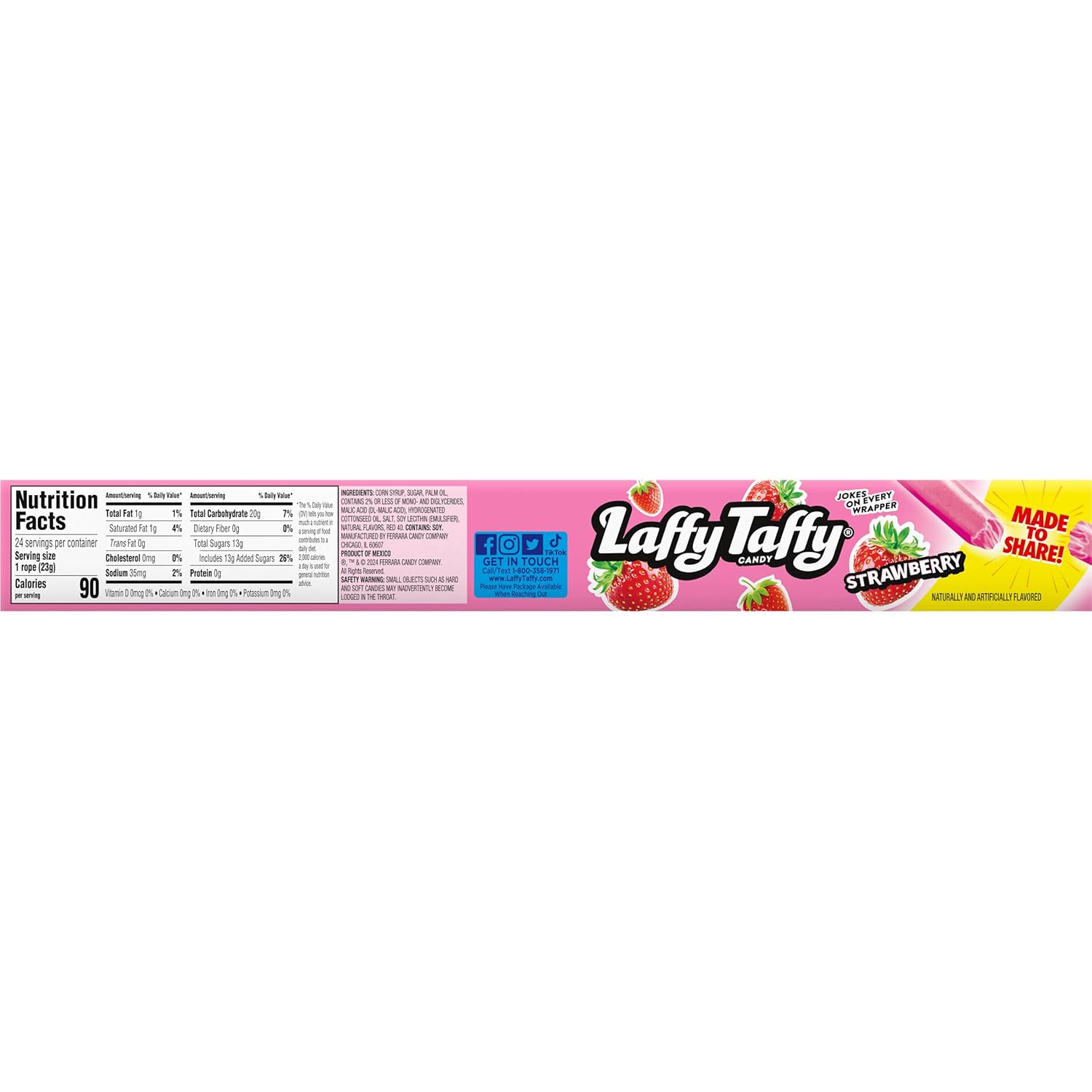 Laffy Taffy Strawberry Ropes, 0.81 Ounce Each, Pack of 24 Individually Wrapped Treats