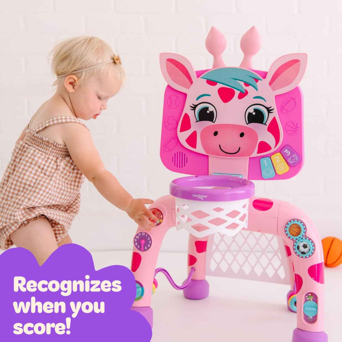 Move2Play, Giraffe Basketball Hoop & Soccer Goal Activity Center | 30+ Sounds & Lights | 1, 2, 3+ Year Old Gift & Birthday Present | 6, 12, 18, 24+ Month Toy For Baby, Toddler, Boys, & Girls