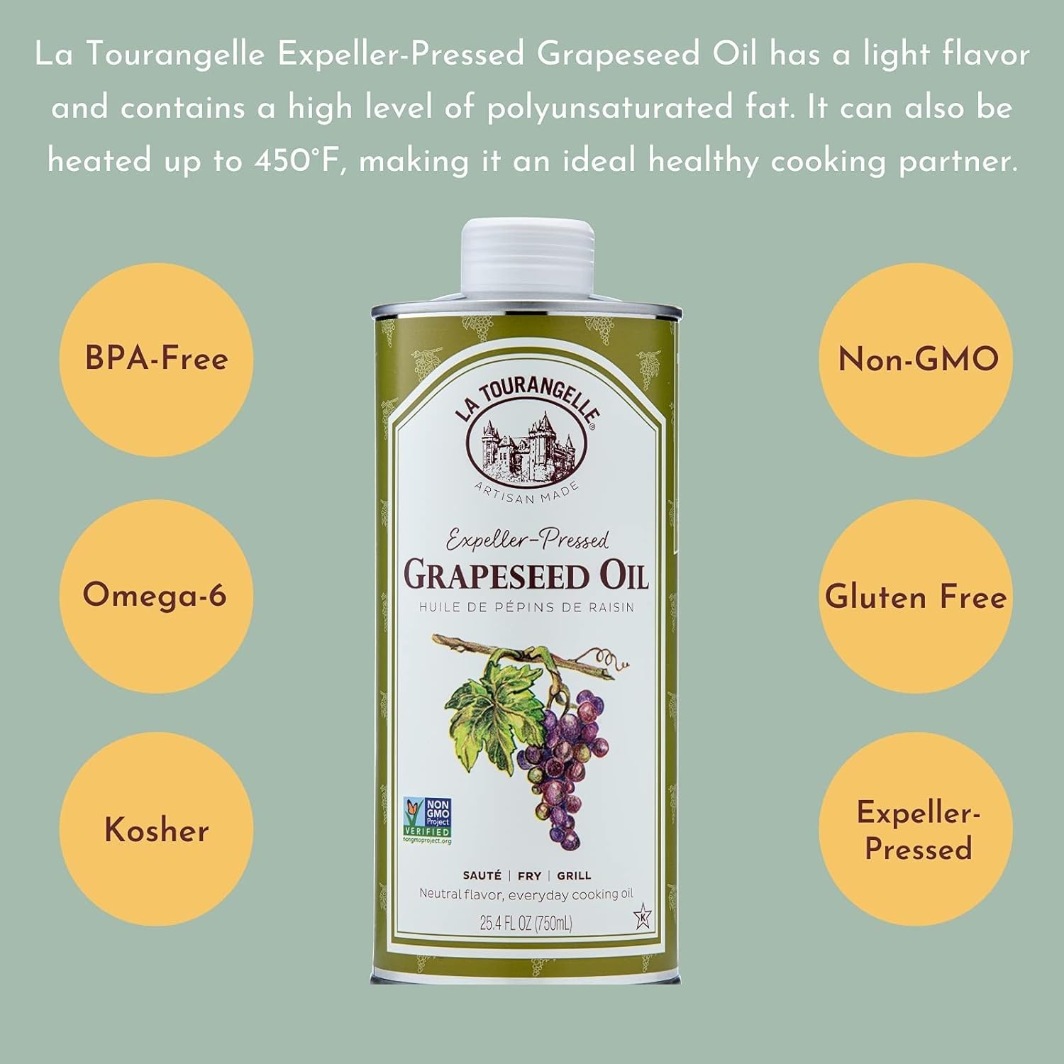 la tourangelle expeller-pressed grapeseed oil, 16.9 fl oz, high heat neutral cooking oil and skincare