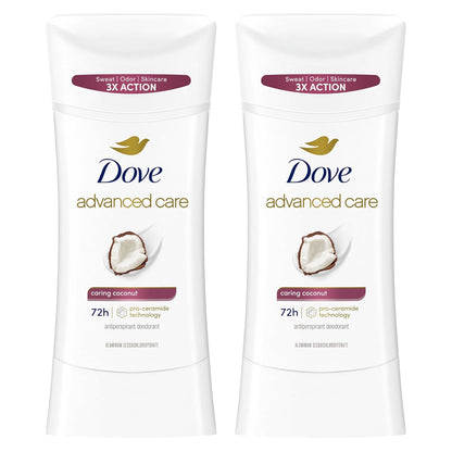 Dove Advanced Care Antiperspirant Caring Coconut, 2 Count Deodorant Stick for Women, for 48 Hour Protection And Soft And Comfortable Underarms, 2.6 oz