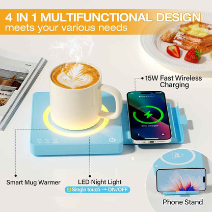 Coffee Mug Warmer, Smart Mug Warmer, 15W Wireless Phone Charging, 3 Heat Settings Temperature Controlled, 8H Auto Off, Candle Warmer, Safe for Heating Coffee, Beverage, Milk, Tea (Blue)