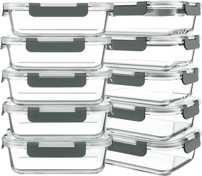 10 Packs 30 oz Glass Meal Prep Containers,Glass Food Storage Containers with Lids,Airtight Lunch Bento Boxes,Microwave,Freezer and Dishwasher,Gray