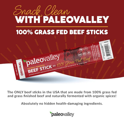 paleovalley 100% grass fed original beef sticks - delicious gluten free snack - keto friendly paleo protein