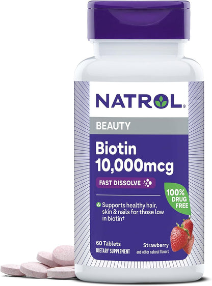 Natrol Biotin 10000mcg, 4X Faster Dissolve Supplement for Healthy Hair, Skin and Nails for Those Low in Biotin, Plus Energy Metabolism Support, 60 Tablets, Up to a 60 Day Supply