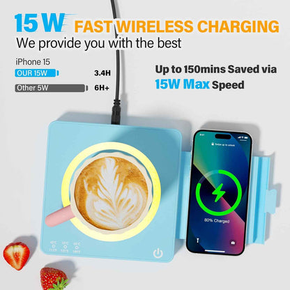 Coffee Mug Warmer, Smart Mug Warmer, 15W Wireless Phone Charging, 3 Heat Settings Temperature Controlled, 8H Auto Off, Candle Warmer, Safe for Heating Coffee, Beverage, Milk, Tea (Blue)