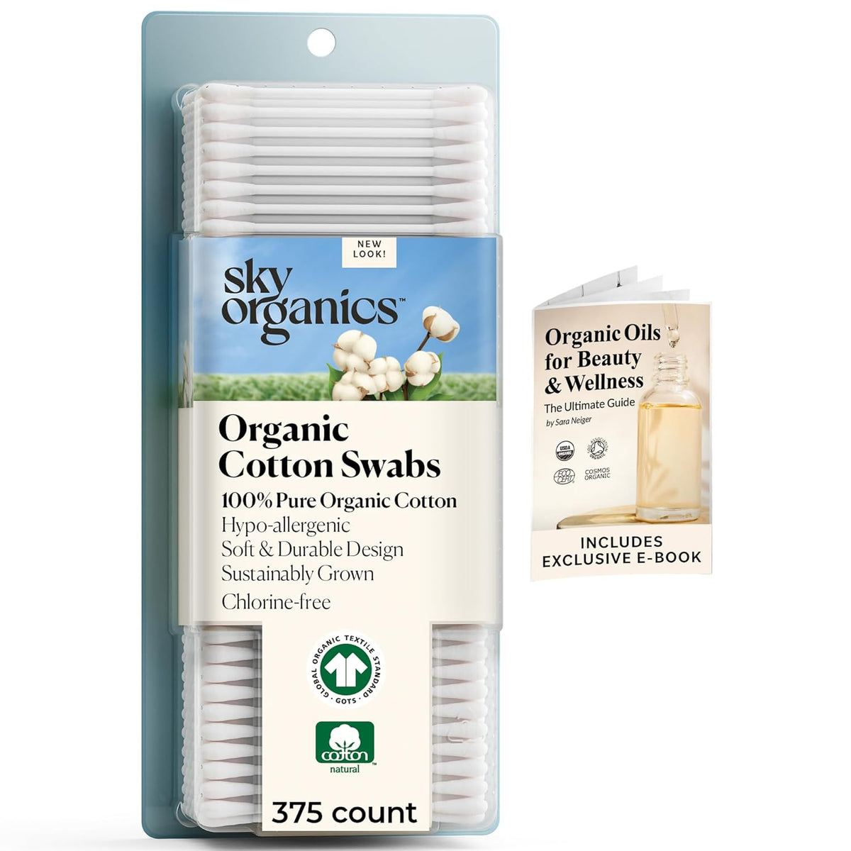 Sky Organics organic baby cotton swabs, 60 count, ultra soft, baby safe tips, strong and durable, hypoallergenic, chlorine free