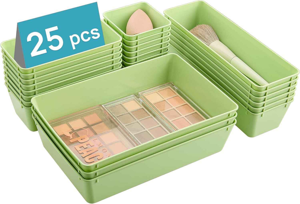 Vtopmart 25 PCS Clear Plastic Drawer Organizers Set, 4-Size Versatile Bathroom and Vanity Drawer Organizer Trays, Storage Bins for Makeup, Bedroom, Kitchen Gadgets Utensils and Office