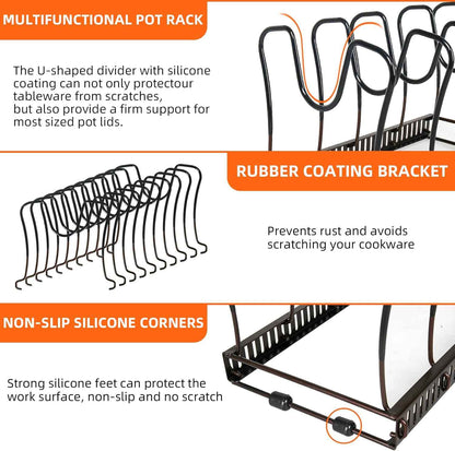 Pot Rack Organizer -Expandable Pot and Pan Organizer for Cabinet,Pot Lid Organizer Holder with 10 Adjustable Compartment for Kitchen Cabinet Cookware Baking Frying Rack,Bronze