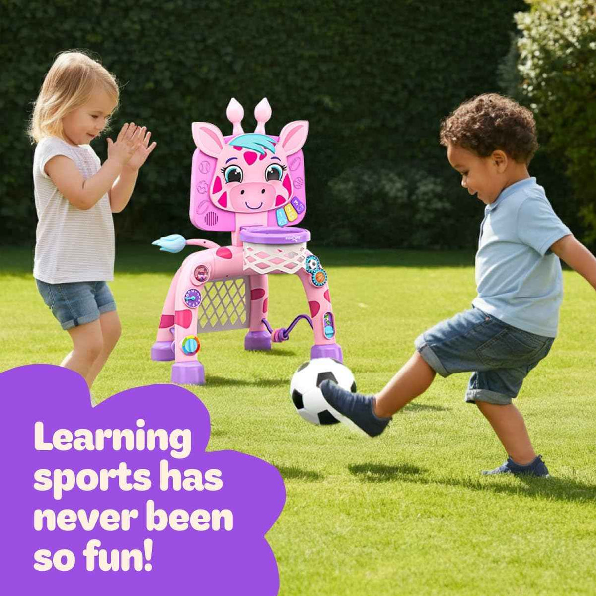 Move2Play, Giraffe Basketball Hoop & Soccer Goal Activity Center | 30+ Sounds & Lights | 1, 2, 3+ Year Old Gift & Birthday Present | 6, 12, 18, 24+ Month Toy For Baby, Toddler, Boys, & Girls