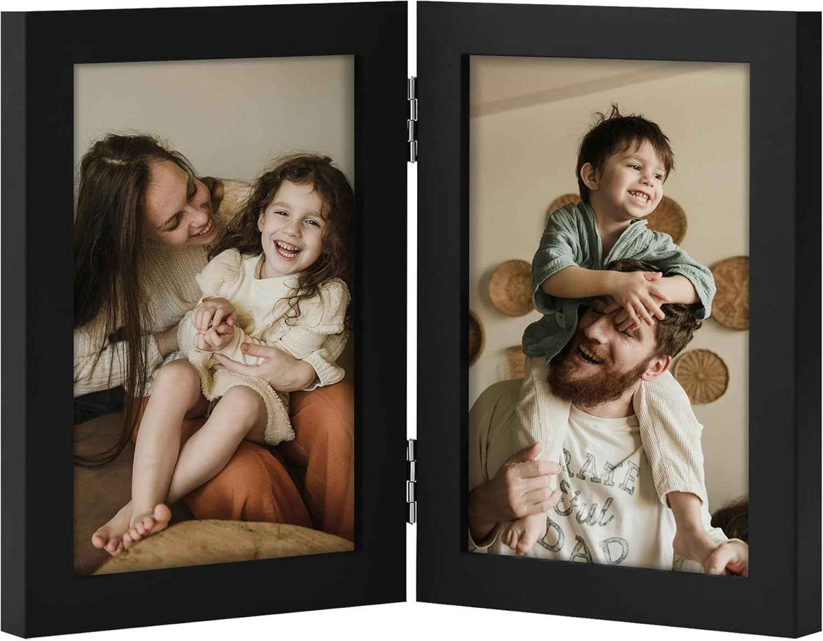 decorUhome double 4x6 picture frame vertical engineered wood bifold photo frame with plexiglass tabletop display black