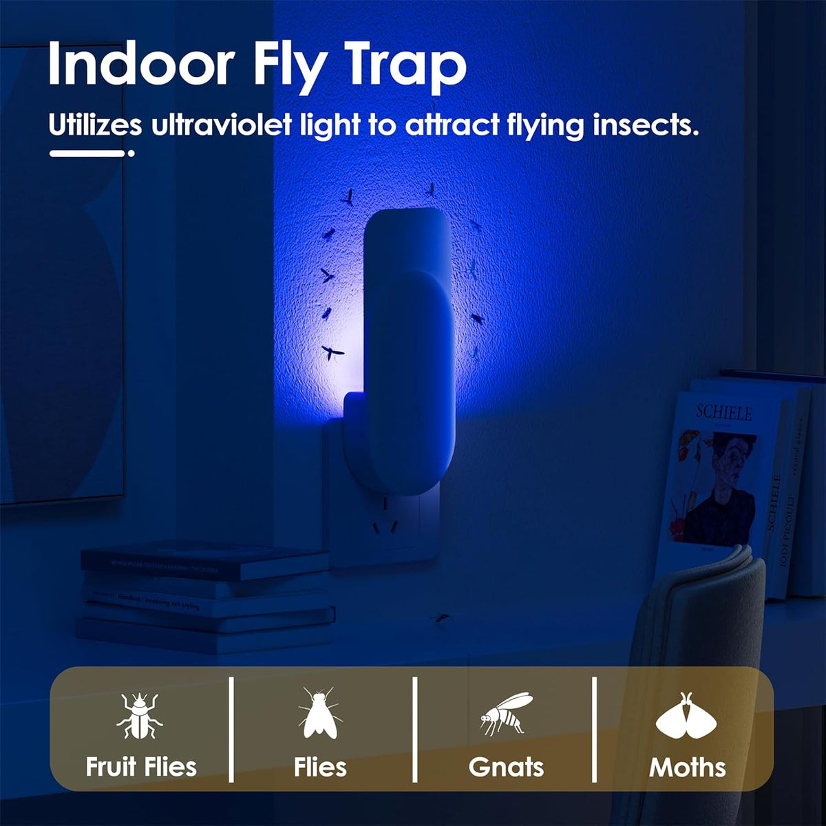 Flying Insect Trap, 2 in 1 Indoor Plug-in Fruit Fly Trap, 1 Trap White and 6 Glue Cards, Fruit Fly Traps for Gnat, Moth, Mosquito, Suitable for Every Part of The Home