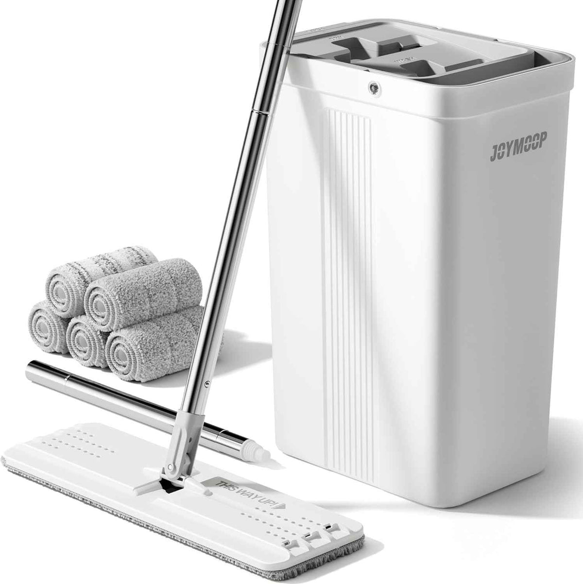 JOYMOOP Mop and Bucket Set with Wringer, Flat Mops for Floor Cleaning, Wall Mop Cleaner with Long Handle, Hardwood Floor Mop with 4 Microfiber Pads