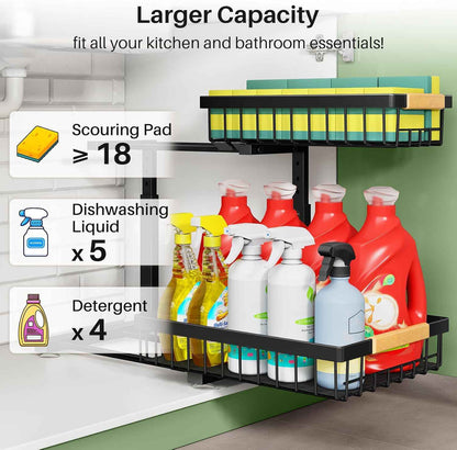 Under Sink Organizer, 2 Packs 2 Tier Under Sink Organizers and Storage, Slide out Pull out Cabinet Organizer Shelf, Metal Sliding Drawer for Kitchen Bathroom Pantry Cabinet Closet Organization Rack
