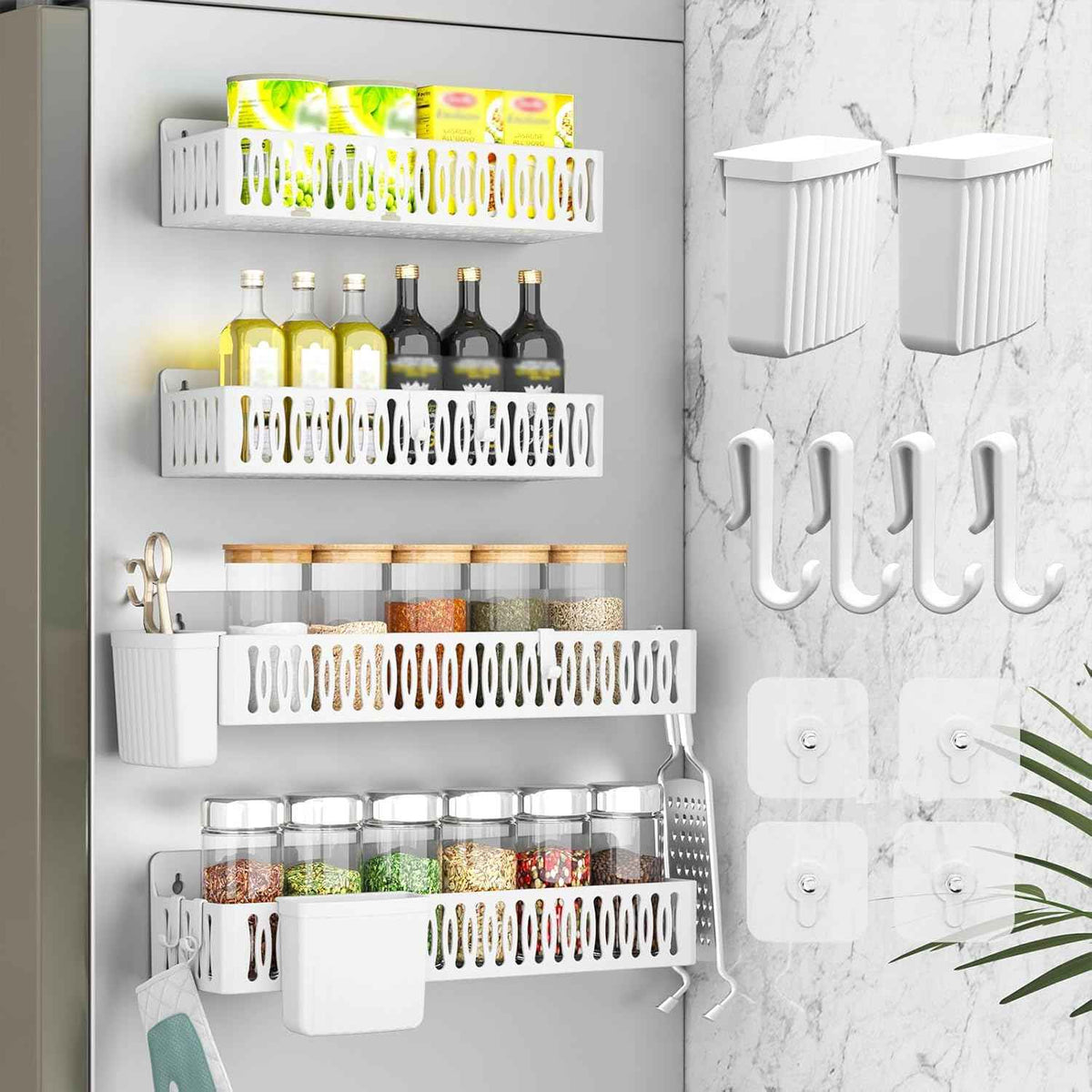 4 Pack Magnetic Spice Rack for Refrigerator, Spice Rack Organizer, Moveable Magnetic Shelf Fridge Organizer with 4 Hooks for Kitchen and Oven Organization, Black