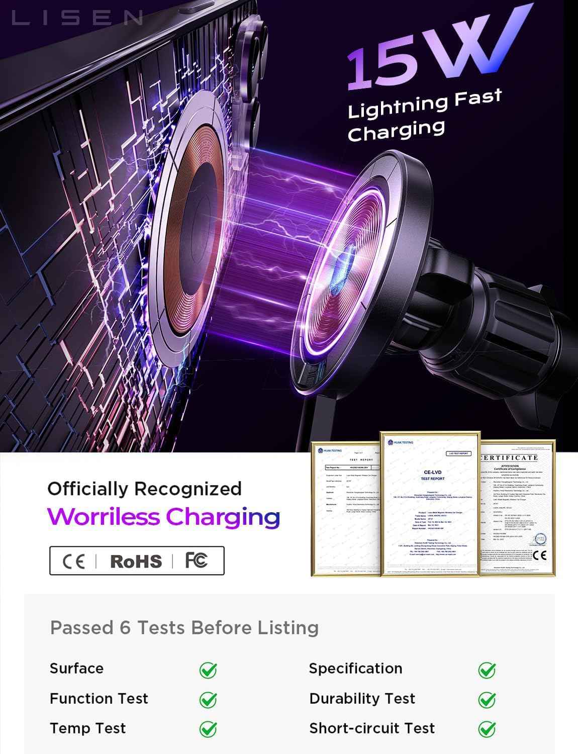 LISEN for 15W MagSafe Car Mount Charger,Magnetic Wireless Cars Charger,Magnetic Phone Holder for Cars,Phone Holders for Your Car Accessories for Men Women Jeep Ford F150 for iPhone 17-12,Samsung,Pixel
