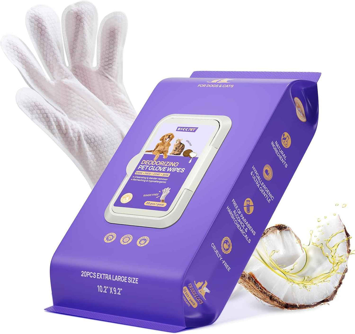 HICC PET Cleaning Deodorizing Glove Wipes for Dogs & Cats, Vet Recommended Hypoallergenic Pet Cleaning and Hydrating Glove Wipes, Nourish Fur Coconut Oil Pet Bathing Wipes for Horse Coat Care