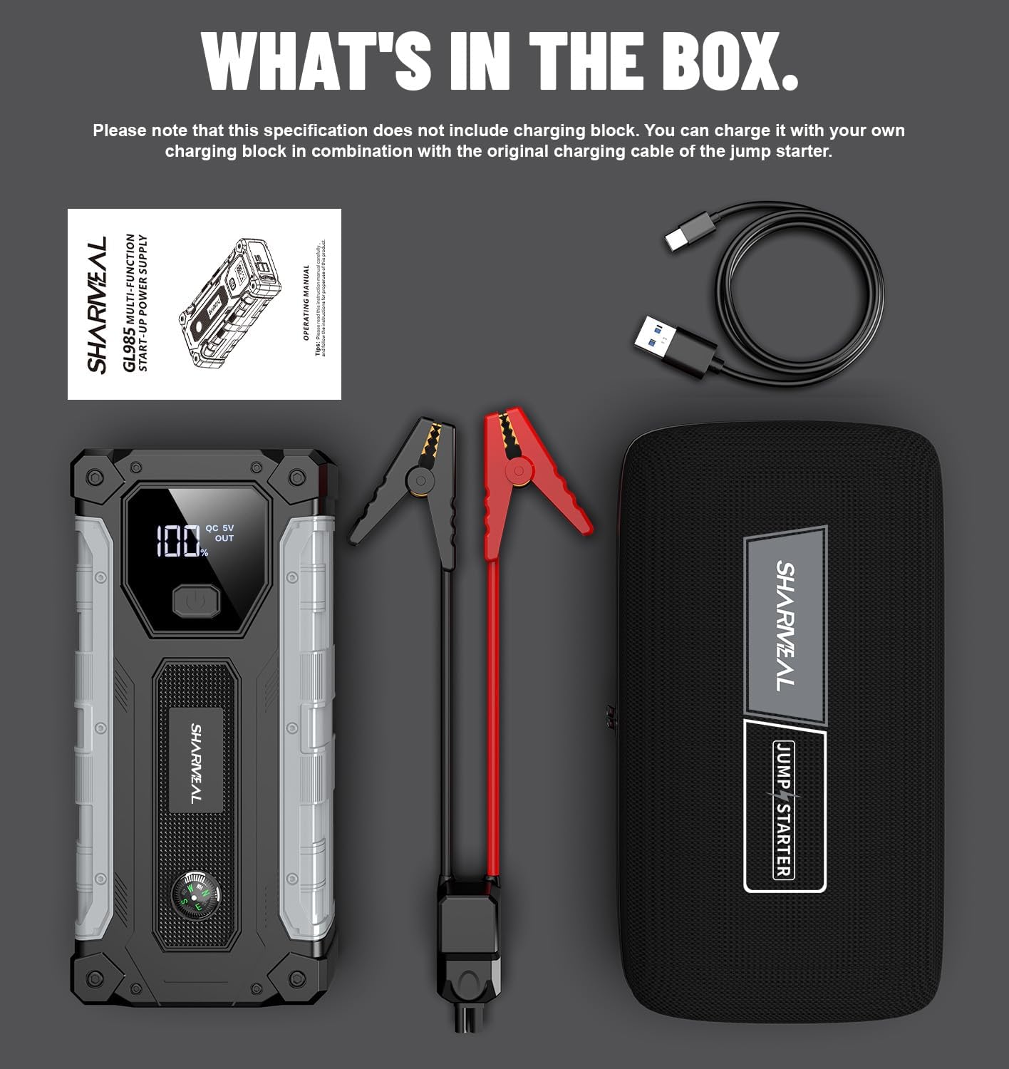 sharmeal 3000a portable jump starter for 9.0l gas and 7.0l diesel vehicles with led light