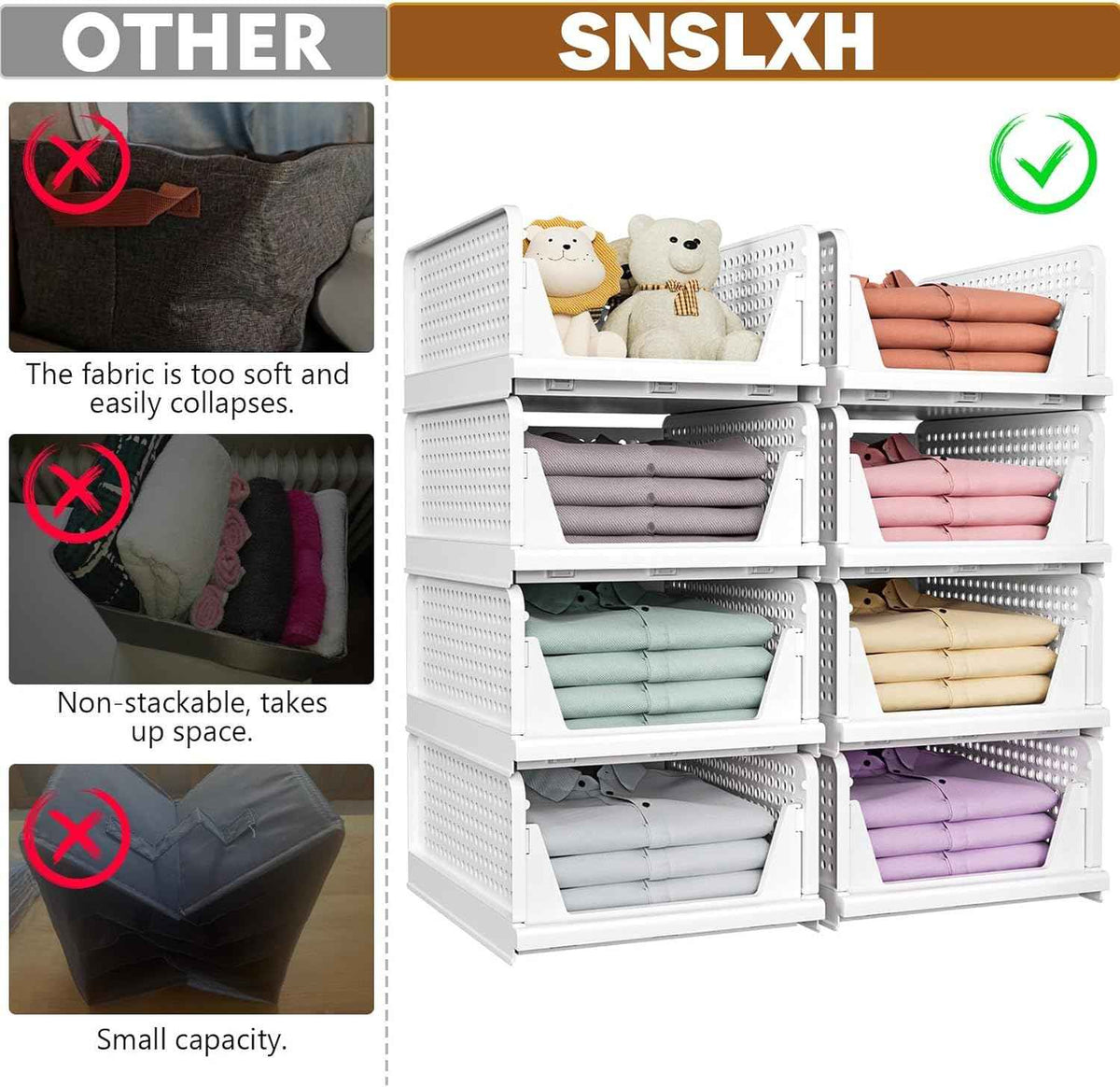 SNSLXH 5 Pack Stackable Closet Storage Basket, Multifunctional & Foldable Closet Organizer for Bathroom Kitchen Laundry Room Wardrobe Storage, Space-Saving Clothes Storage Drawer Organizer, White