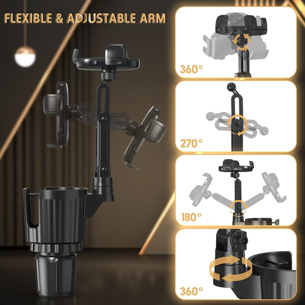 Phone Holders for Your Car, 2 in 1 Universal Cup Holder Expander Adjustable Base with Phone Mount, Long Arm with 360°Rotation Cup Holder Phones Mount for Car Compatible with All Smartphones - Rayz Mart