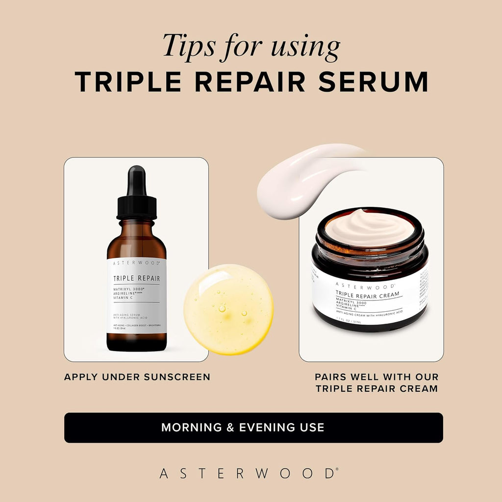 Asterwood Triple Repair Serum with Matrixyl 3000, Argireline, Hyaluronic Acid, and Vitamin C for anti-aging and collagen boosting - fragrance-free - 1 fl oz