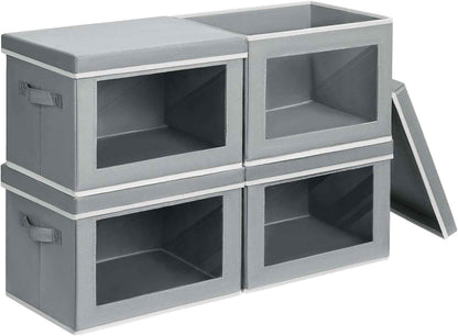 Storage Bins with Lids - Fabric Closet Storage Bins with Window, Collapsible Baskets for Shelves 4 Pack, Home Decorative Boxes for Clothes, Closet, Office, Grey