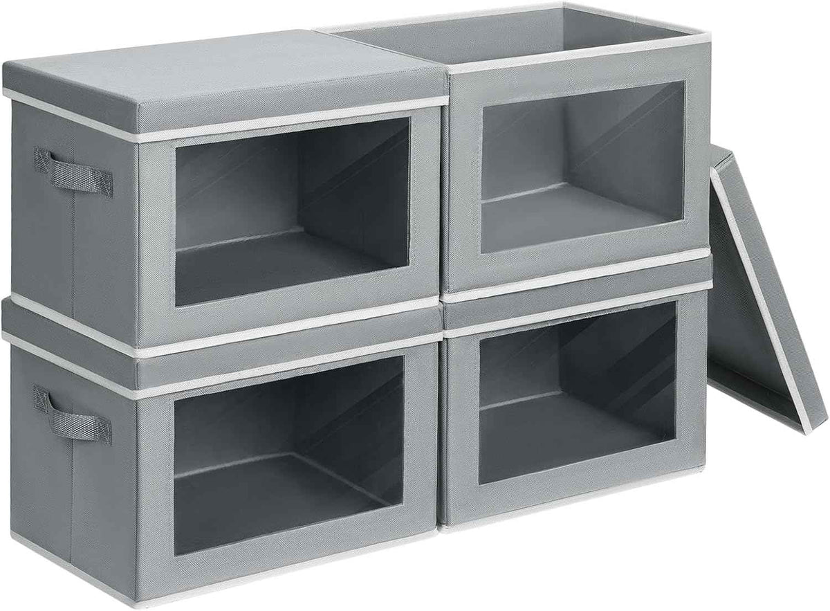 Grey Fabric Storage Bins with Lids, Collapsible Closet Organizer for Shelves 4 Pack, Home Decorative Boxes for Clothes, Office