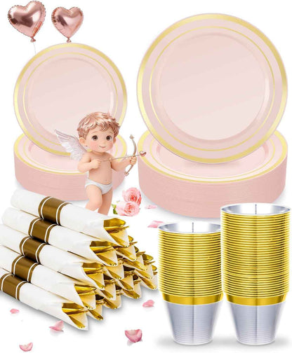 BESTVIP 700PCS Gold Plastic Dinnerware Set for 100 Guests, Disposable Plates for Party, Include: 200 Plastic Plates, 100 Pre Rolled Napkins with Gold Silverware, 100 Cups for Christmas, Halloween