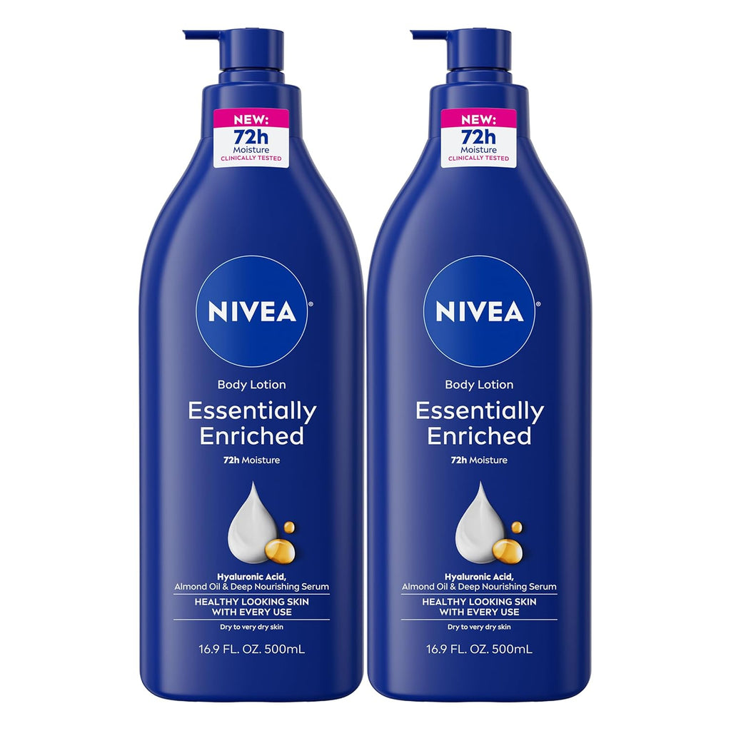 nivea essentially enriched body lotion for dry skin with hyaluronic acid, 16.9 fl oz, pack of 2