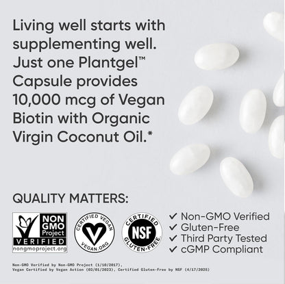 Sports Research® Biotin 10,000mcg with Organic Coconut Oil - Biotin (Vitamin B7) for Healthy Skin and Hair Support* - for Women and Men - Vegan, Non-GMO, Gluten & Soy-Free - 120 Veggie Softgels
